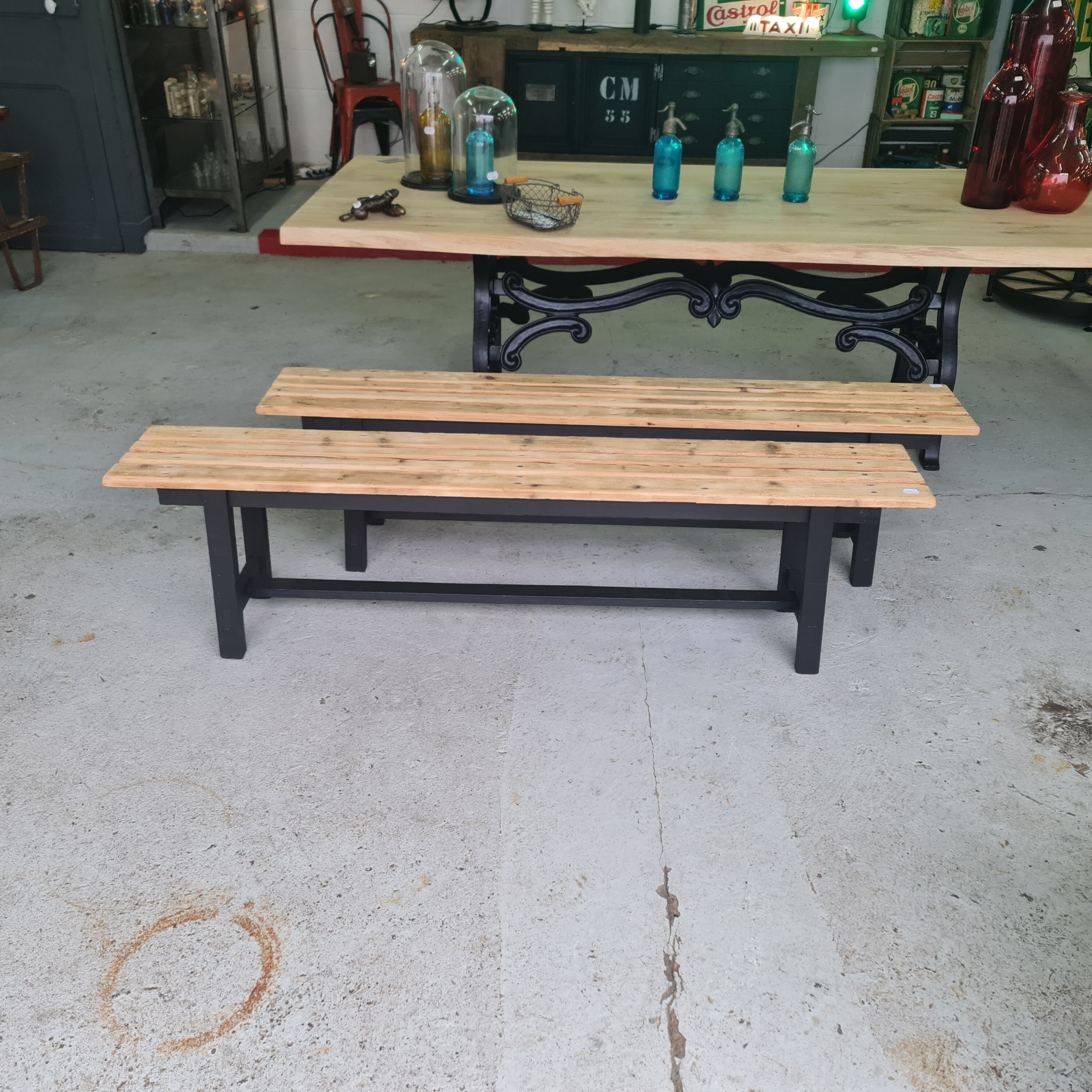 Pair old bench in industrial and vintage pine