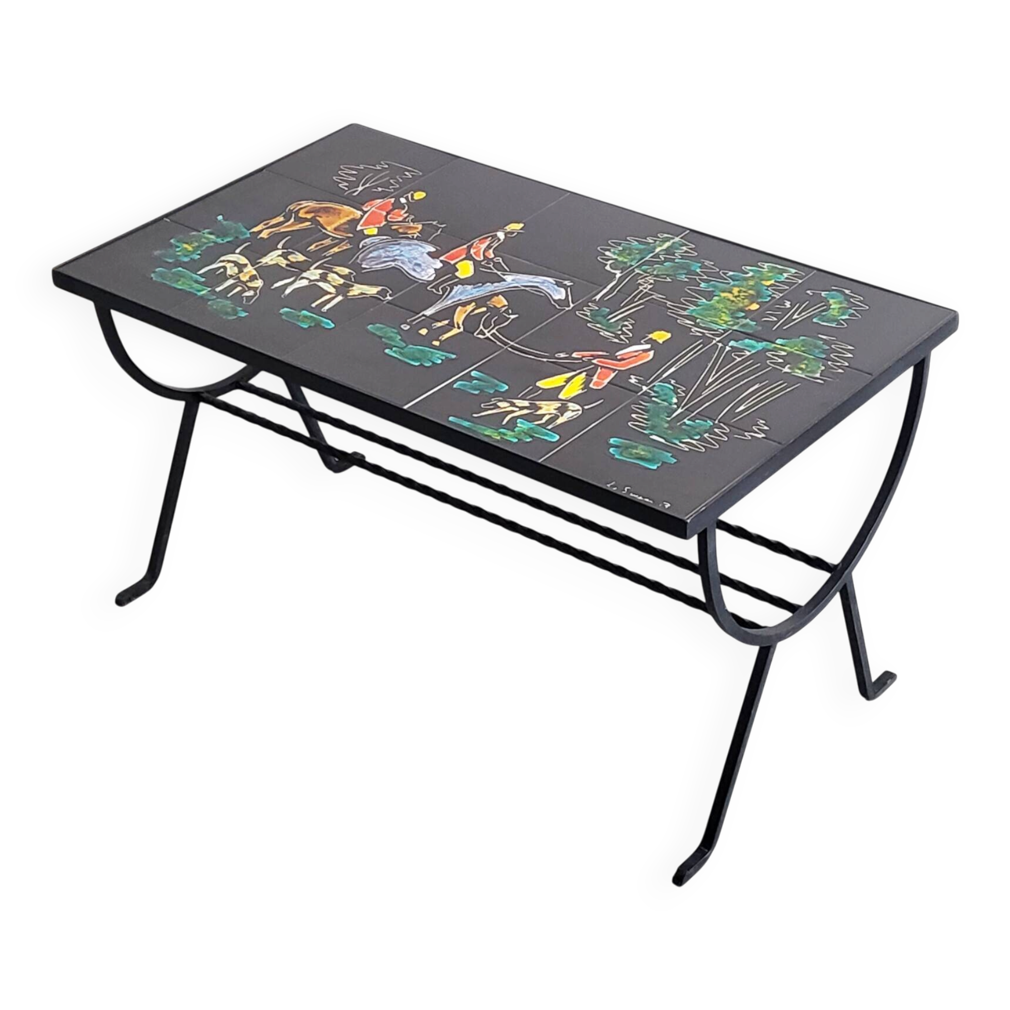 Vintage 1950 coffee table side table ceramic & metal hunting