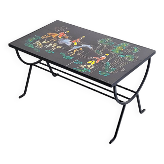 Vintage 1950 coffee table side table ceramic & metal hunting