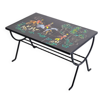 Table basse table d'appoint vintage 1950 ceramique & metal chasse a courre