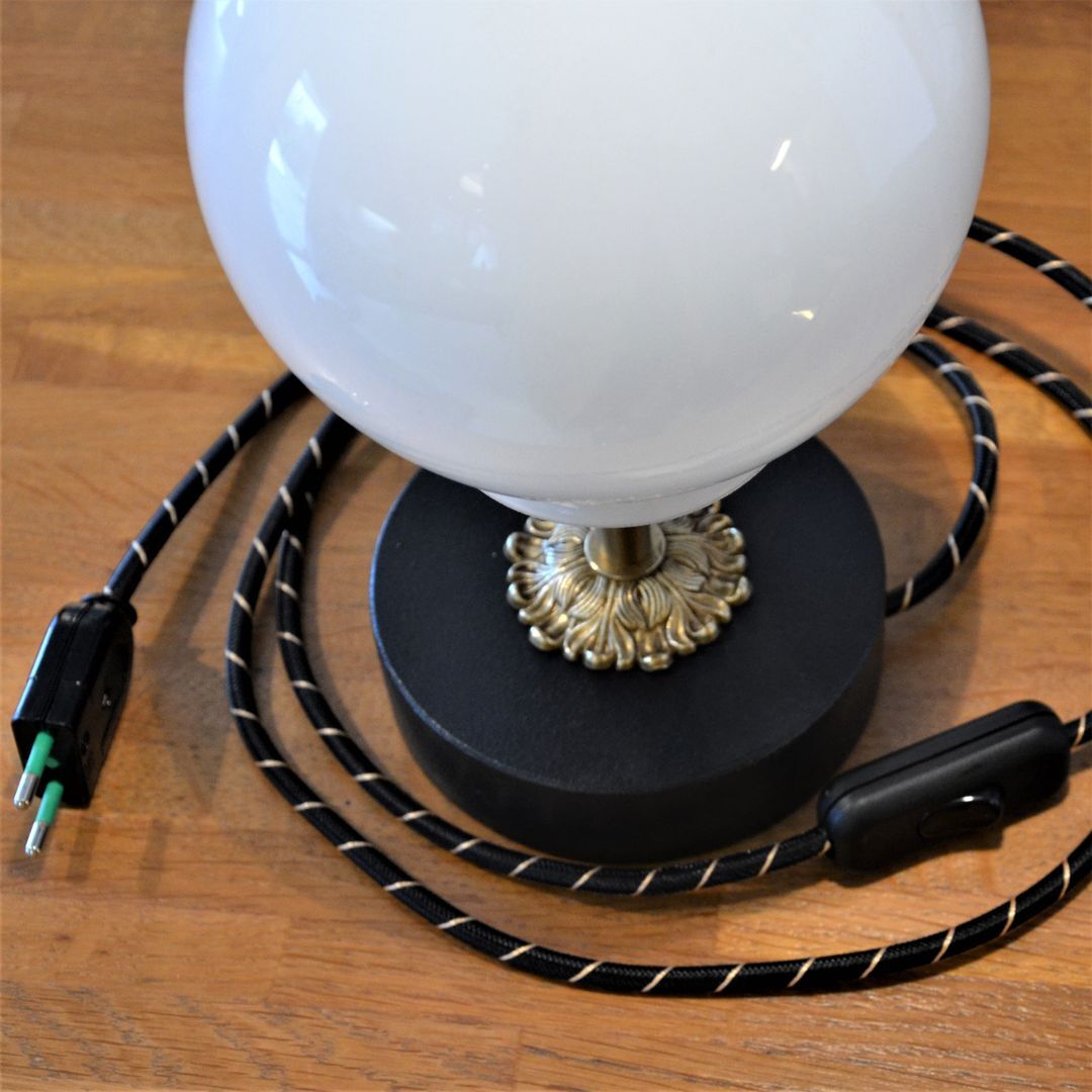 White vintage globe table lamp, black and gold finishes