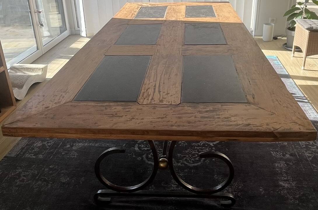 Teak table with blue stones