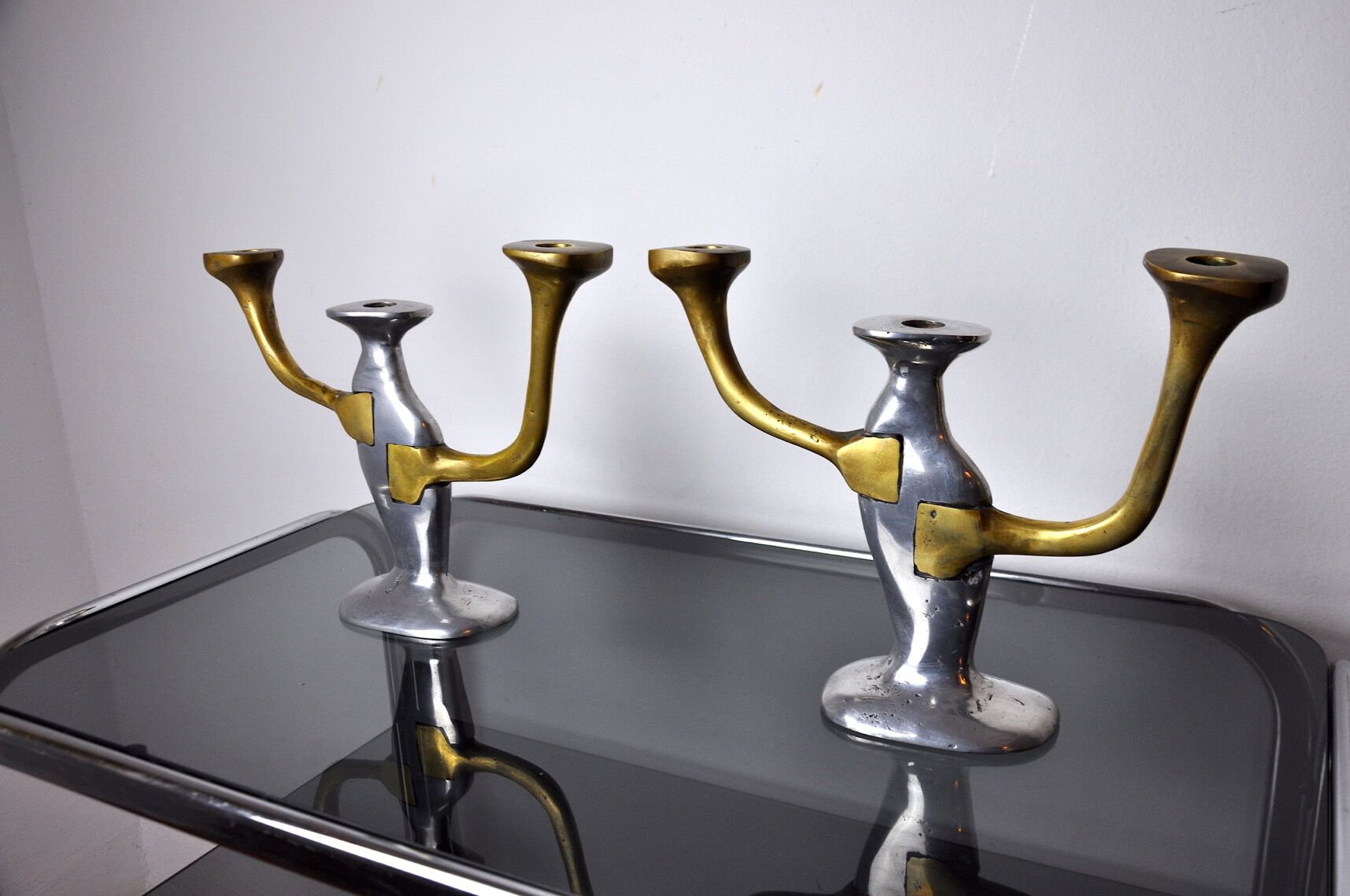 Pair of brutalist candle holders by David Marshall, 1980, Spain