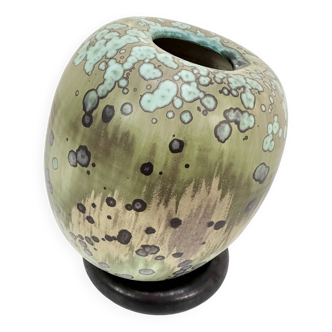 Glazed Studio Ceramic Art Vase with Ceramic Standing Ring by Hanne Wydra-Jantz, Germany 1980s