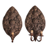 Paire d'appliques laiton repoussé motifs florales, lampe murale, applique