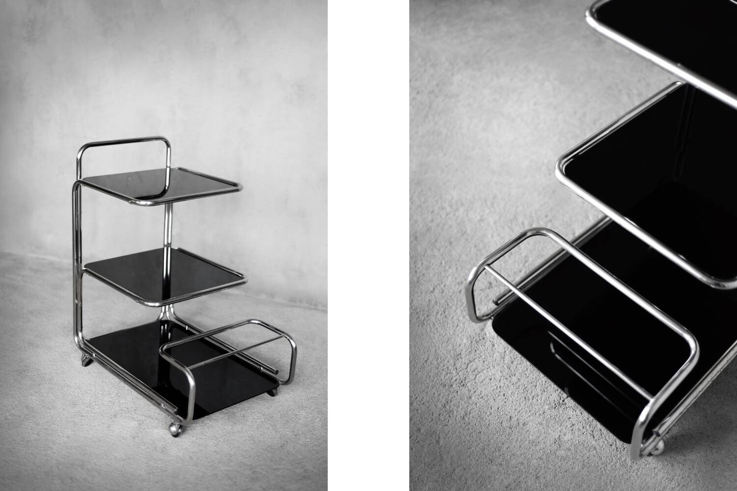 Vintage Mid-Century German Modern Bauhaus Chrome & Glass Serving Trolley