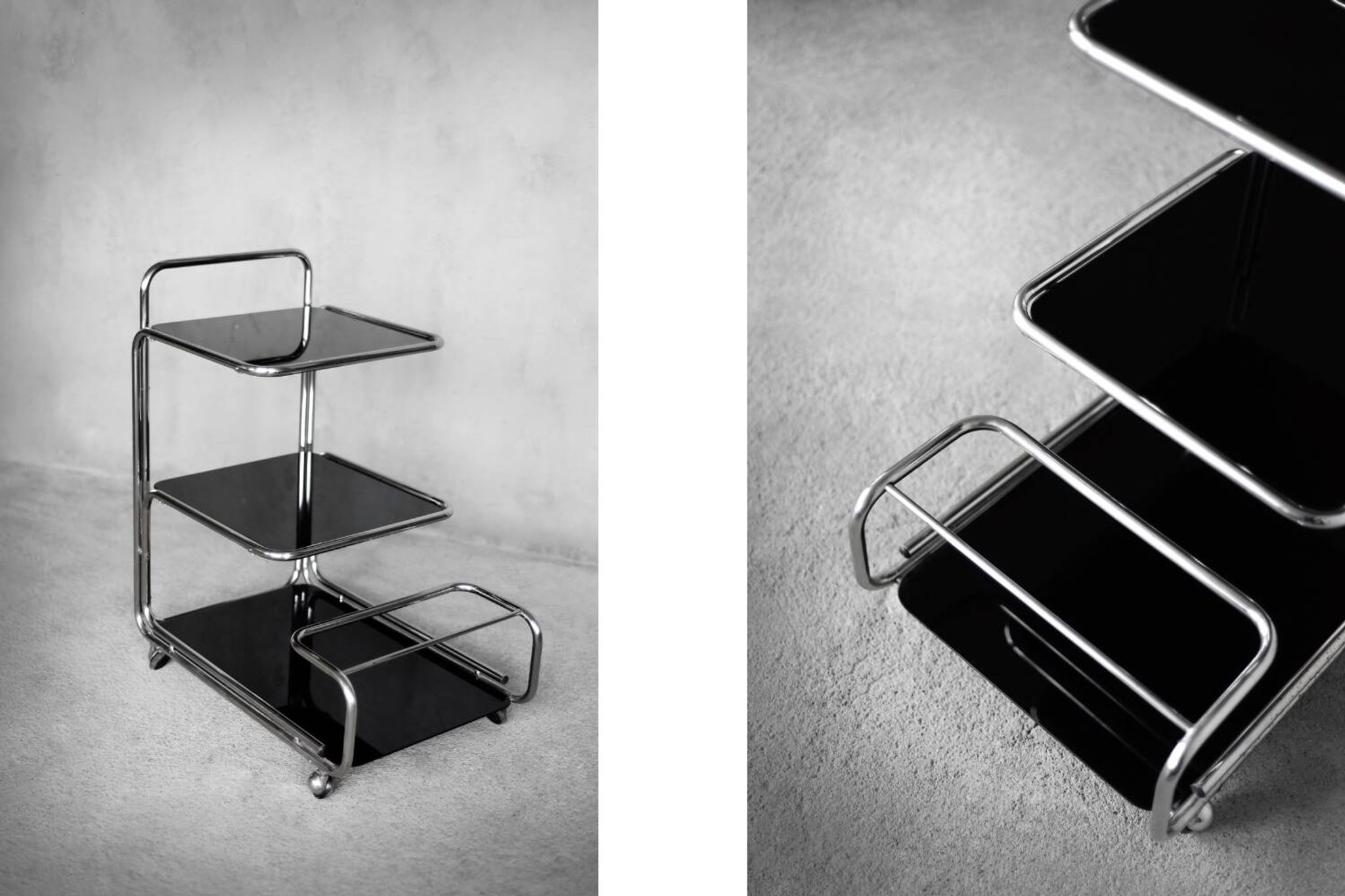 Vintage Mid-Century German Modern Bauhaus Chrome & Glass Serving Trolley
