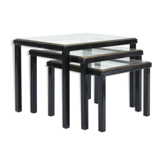 3 black painted metal tables