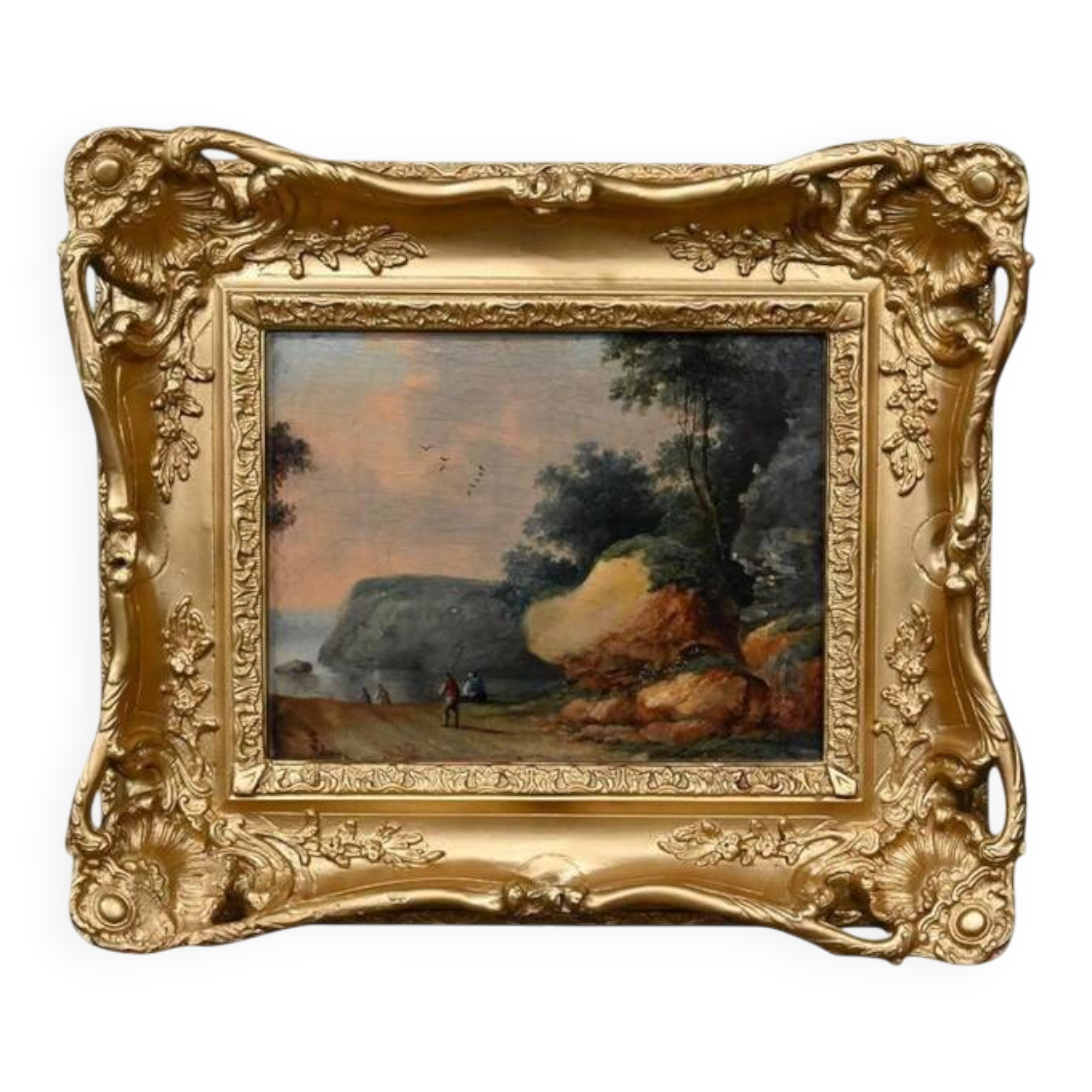 Painting "Path Leading to the Sea", oil on panel, in the style of Jean Pillement – late 19th century.