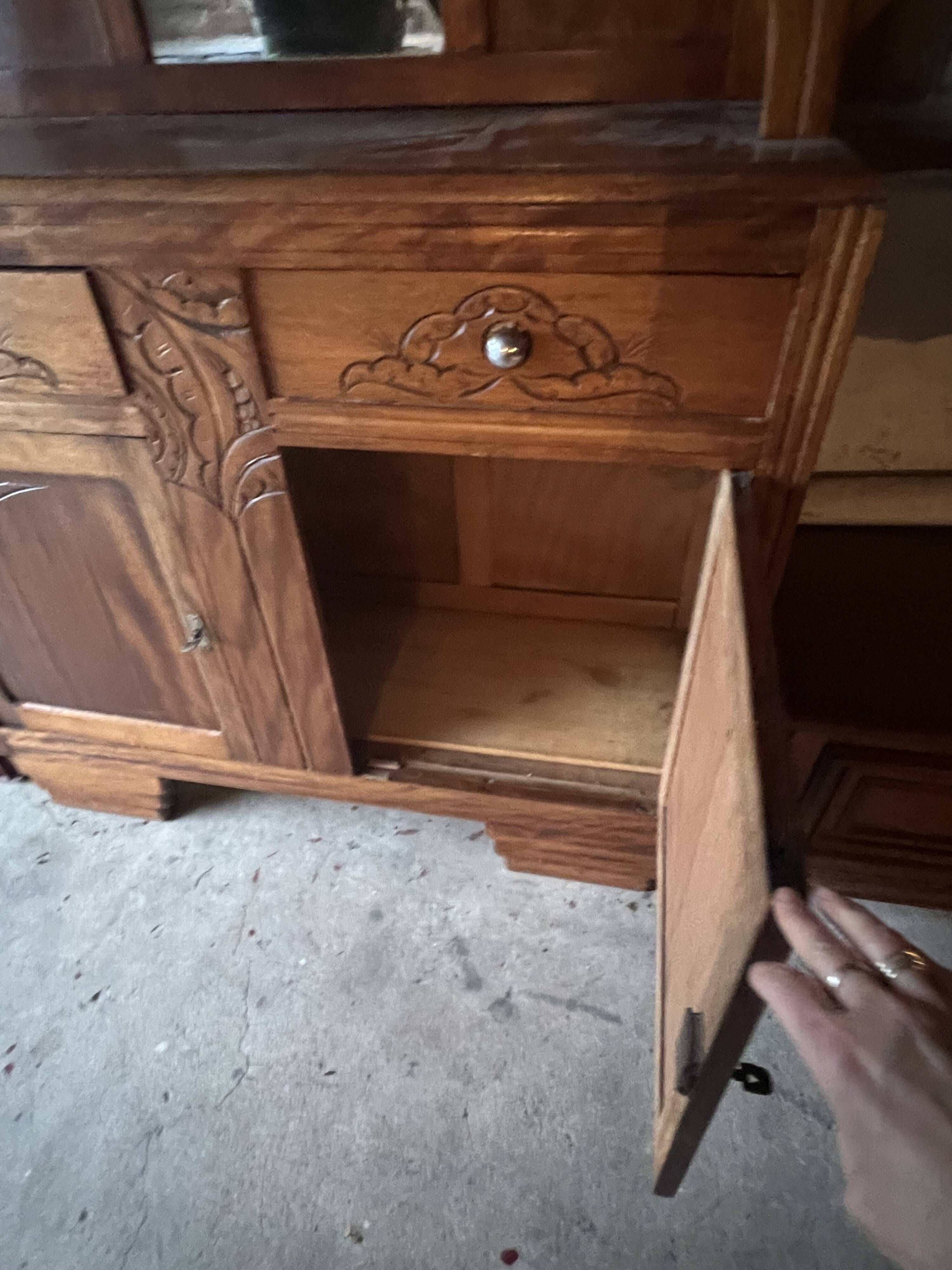 Two-body buffet, antique carved wooden – Art Nouveau – display case and mirror