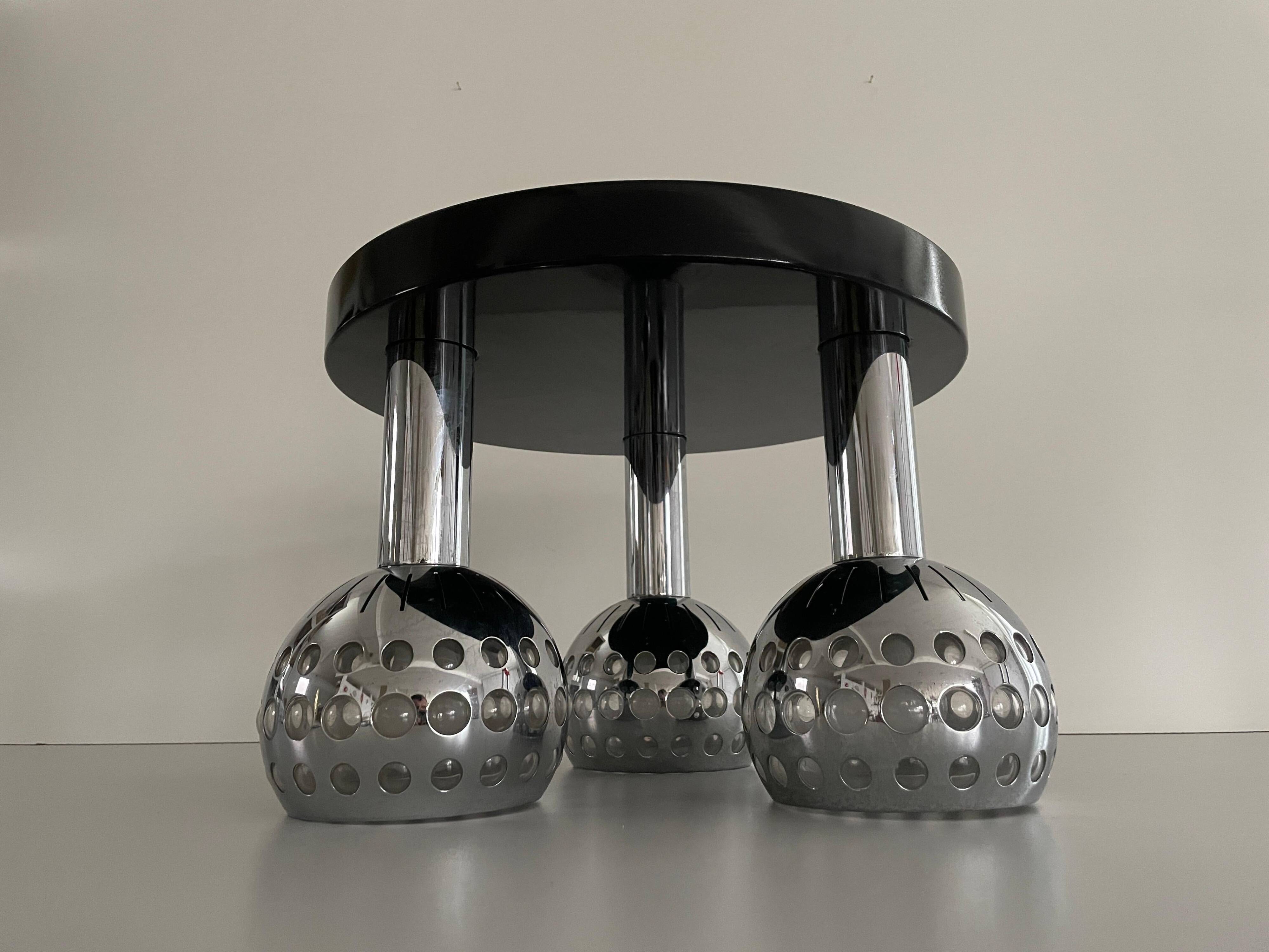 Mid-century ceiling light with 3 shades and wooden base, 1960s, Italy.