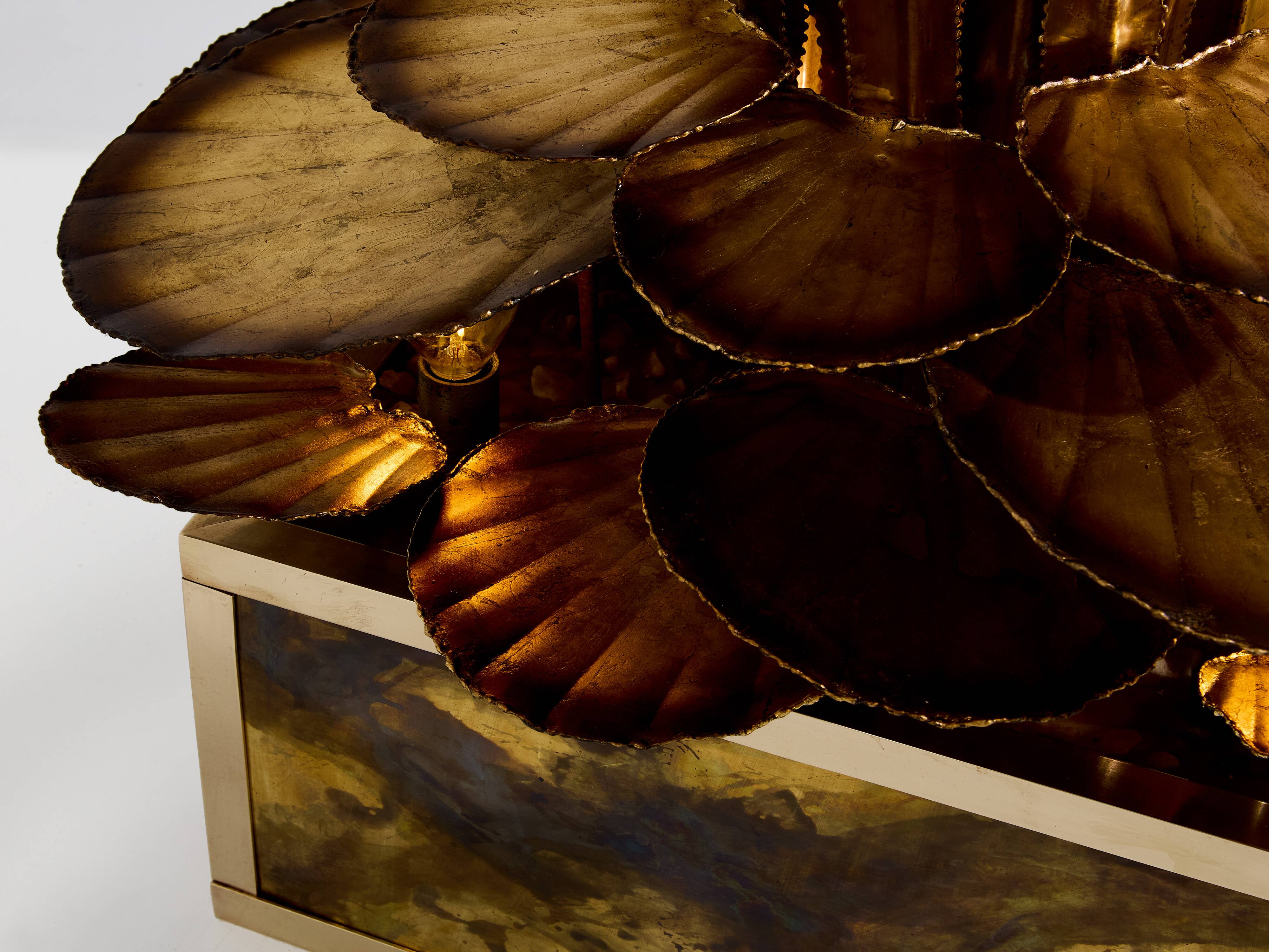 Pair of Maison Jansen brass floor lamps with reeds and water lilies, 1970s