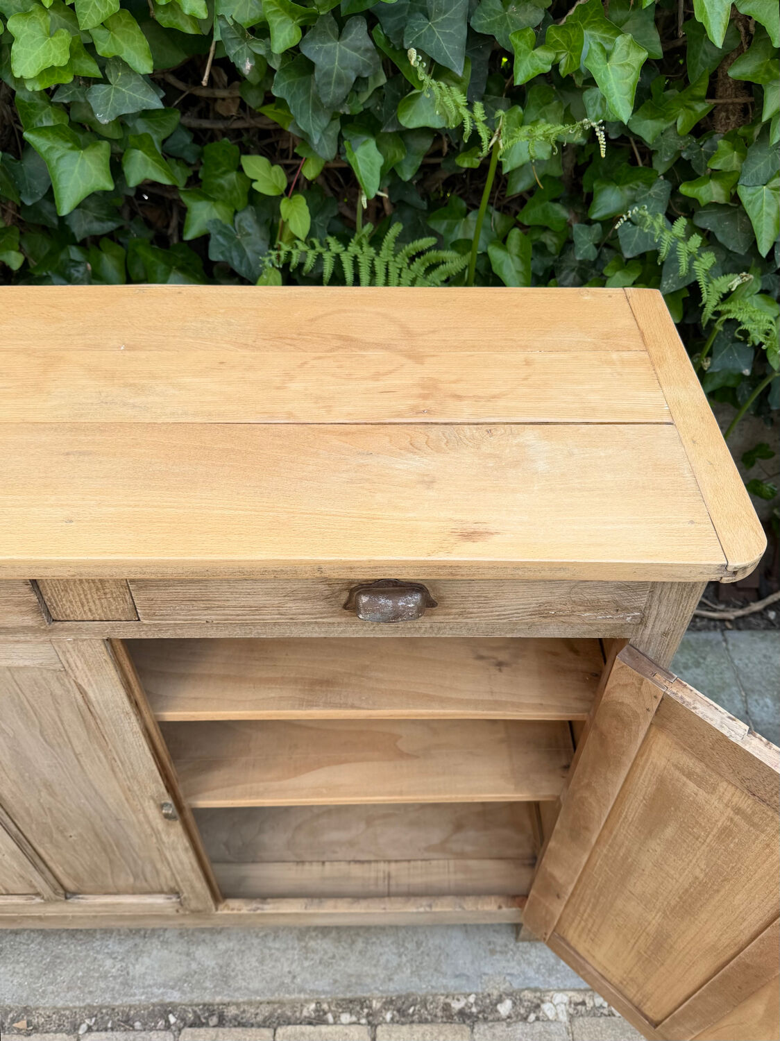 Antique patinated Parisian buffet with shell handles.