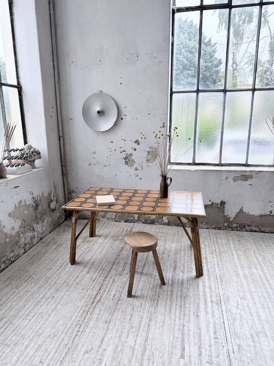 1950s rattan table with ceramic top