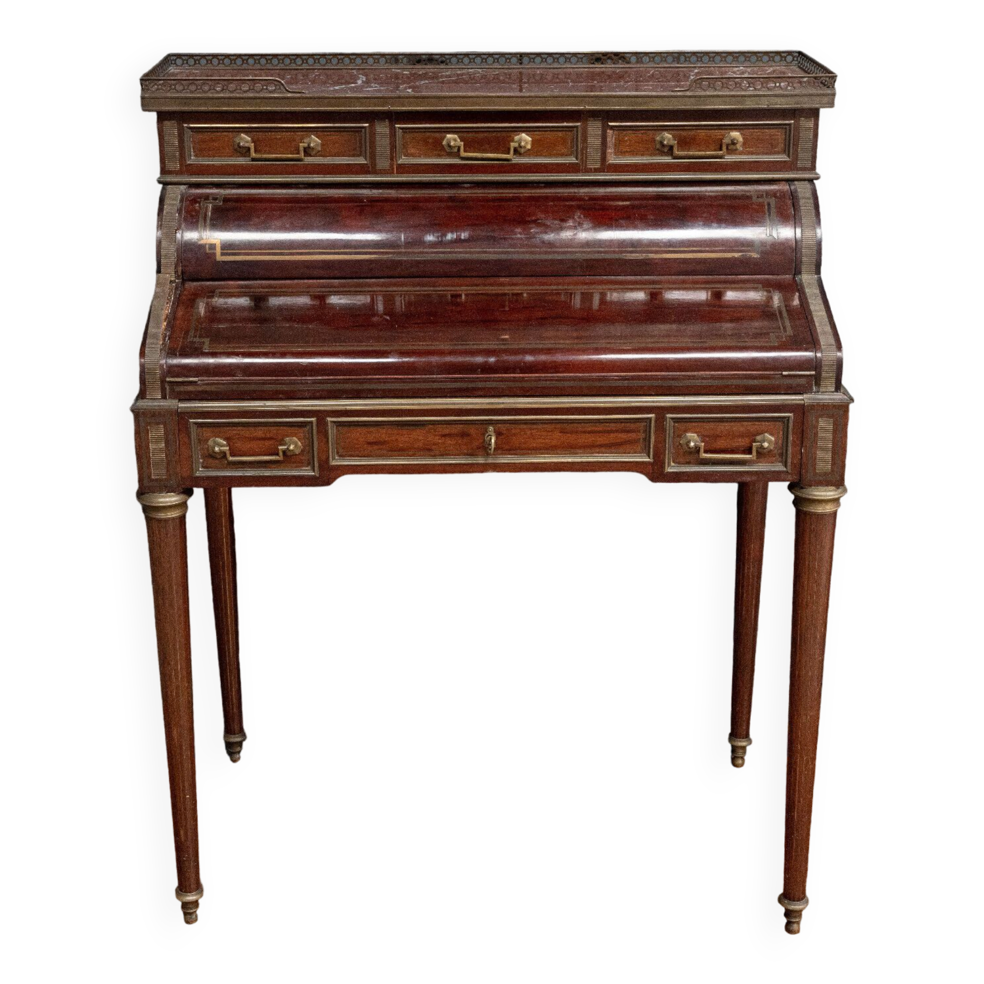 Bureau à cylindre en acajou XIXe style Louis XVI marbre rouge