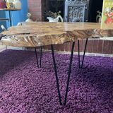 Tripod coffee table in natural solid elm magnifying glass