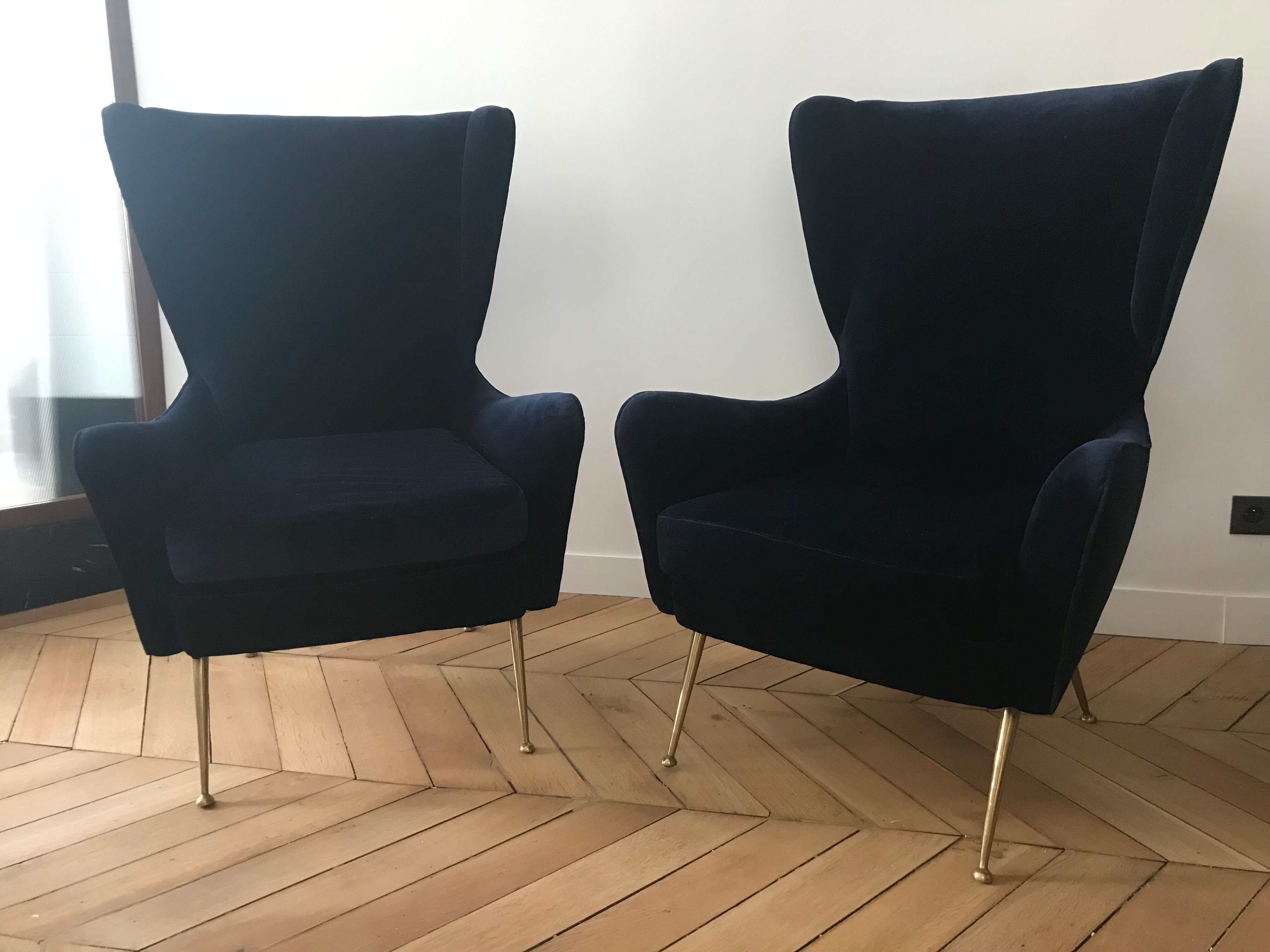 Pair of armchairs with velvet eared midnight blue , 1950's