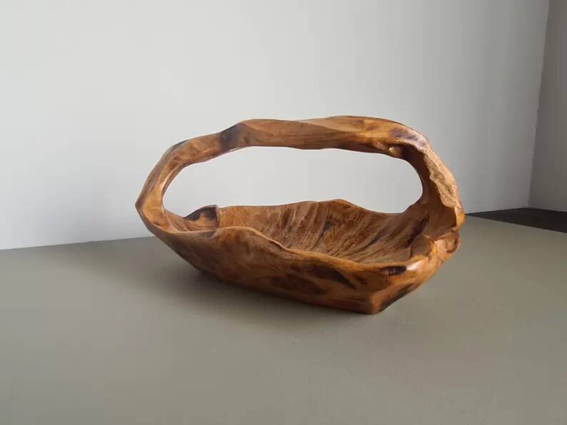 Hand-carved wooden empty pocket basket vintage French