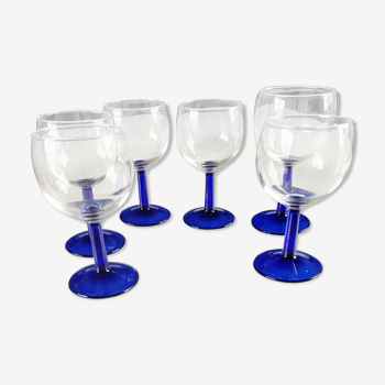 6 glasses 13 cm wine ARC France vintage foot blue stem