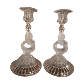 Pair of candlesticks signed Portieux mermaids molded glass 19OO