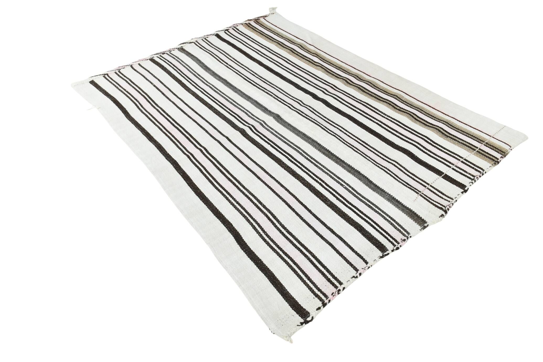 Kilim Turc Vintage Rayé Blanc et Brun, Tapis Bohème Tissé Main,175x220Cm