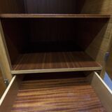 French wardrobe with tapered legs, 3 doors, 1 mirror (27*130), and 1 drawer.