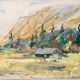 Peinture à l'huile sur panneau vintage " Cabane de montagne avec forêt et collines " - Vintage et encadrée