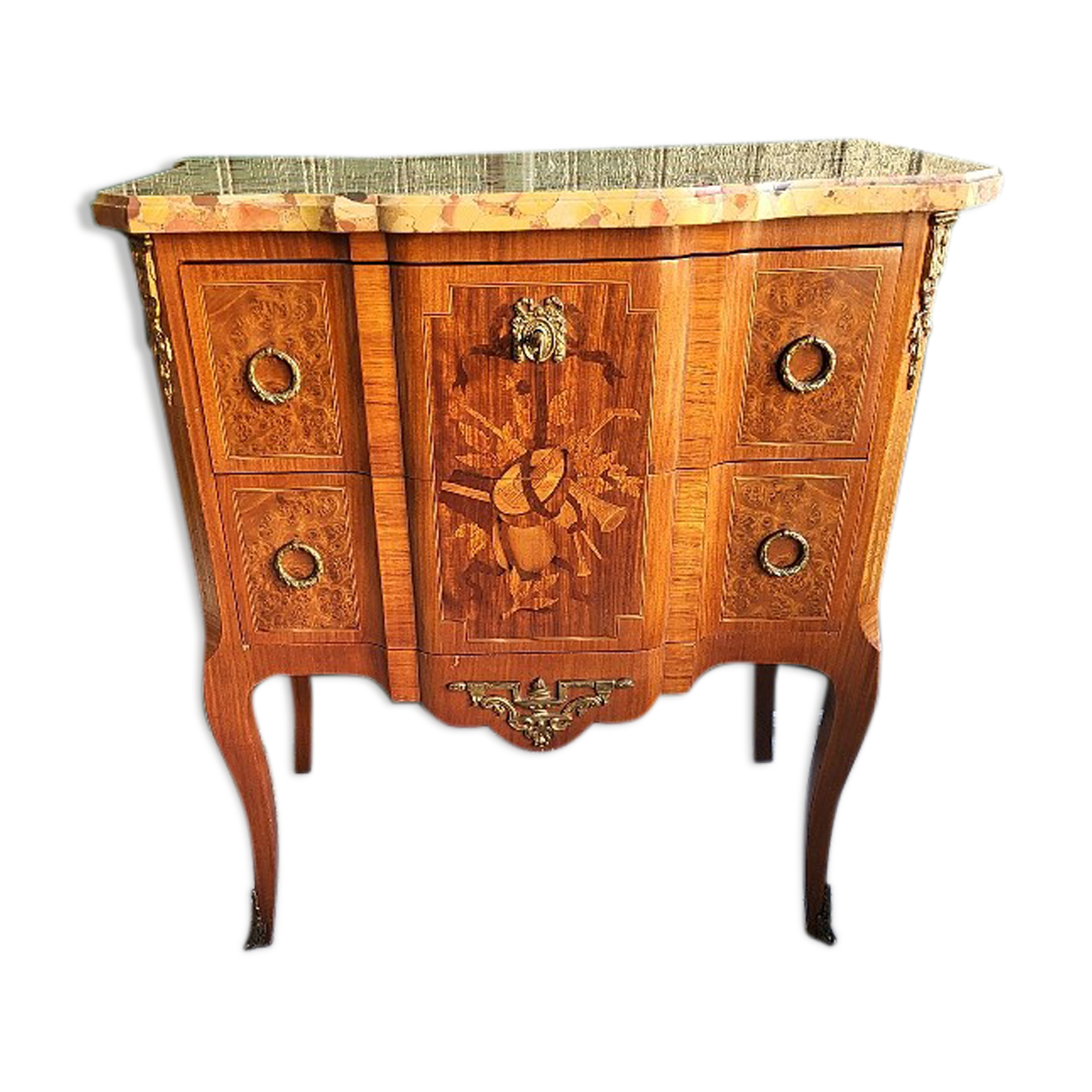 Chest of drawers transition Louis XVl marquetry marble top