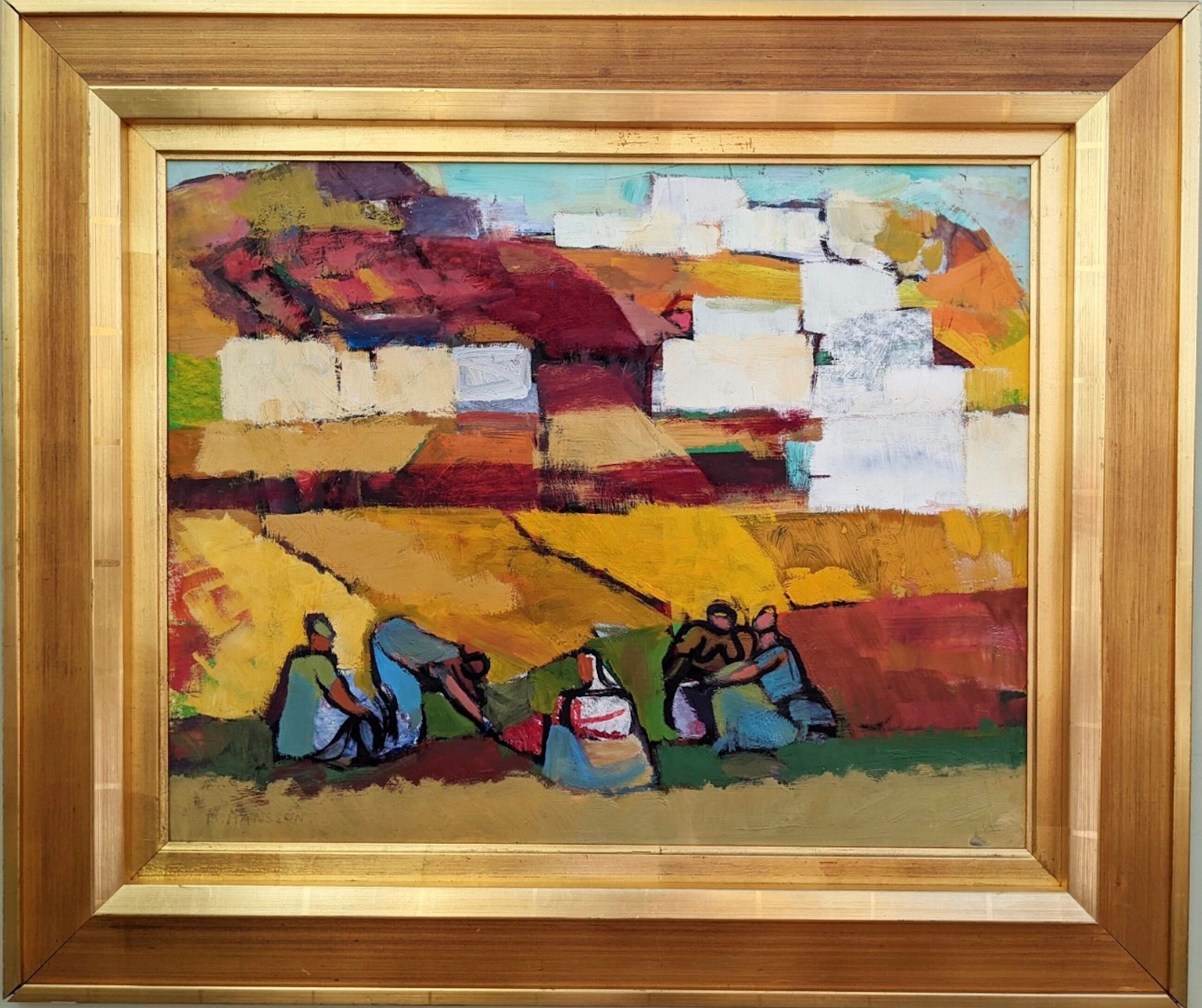 Mid-Century Modern Swedish "On the Fields" Vintage Swedish Figurative Oil Painting, Framed