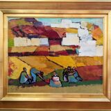 Mid-Century Modern Swedish "On the Fields" Vintage Swedish Figurative Oil Painting, Framed