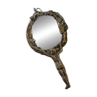 19th century silver-plated bronze hand mirror