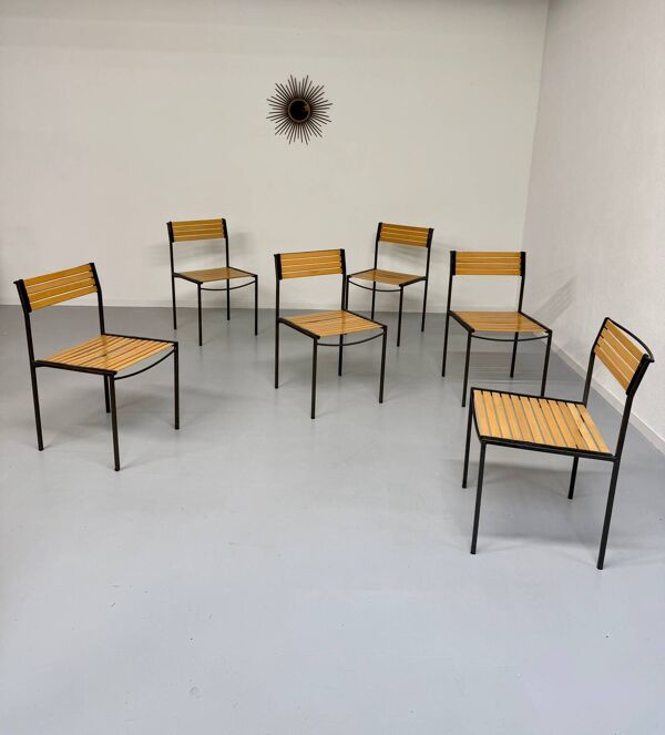 6 anciennes chaises en métal et bois design italien des années 80 vintage