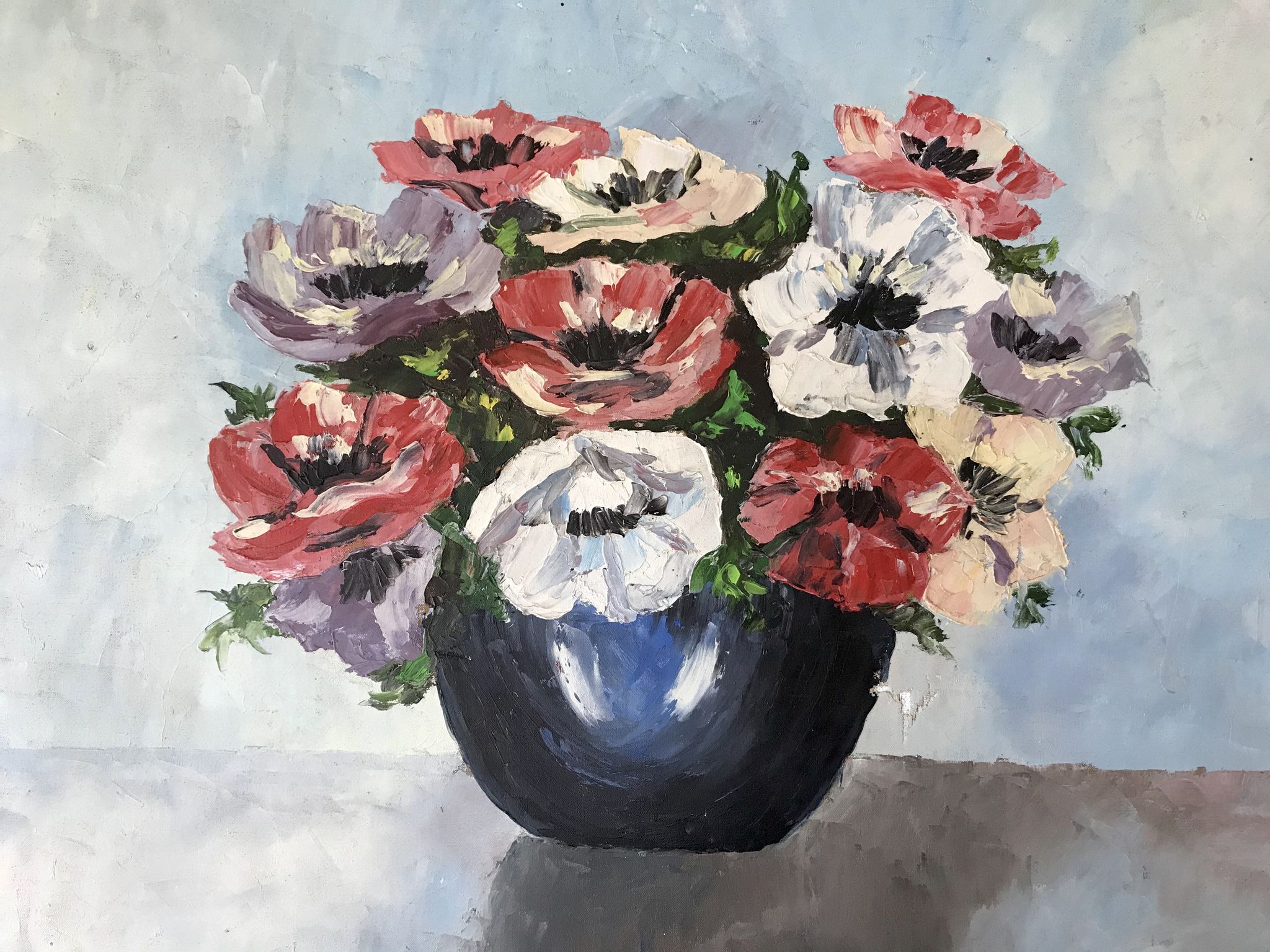 Old painting signed oil on canvas bouquet of vintage anemone flowers