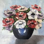 Old painting signed oil on canvas bouquet of vintage anemone flowers