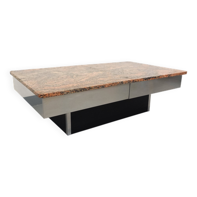 Table basse vintage en granit, métal chromé et mélaminé noir avec bar