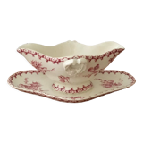 Sauce boat in opaque porcelain by gien, model "thistles". old pink color.