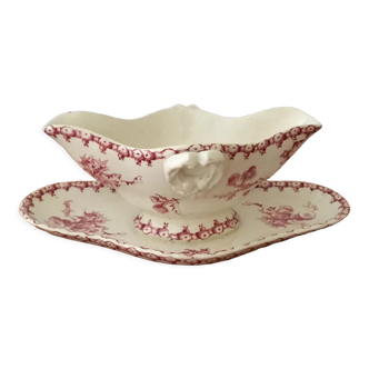 Sauce boat in opaque porcelain by gien, model "thistles". old pink color.