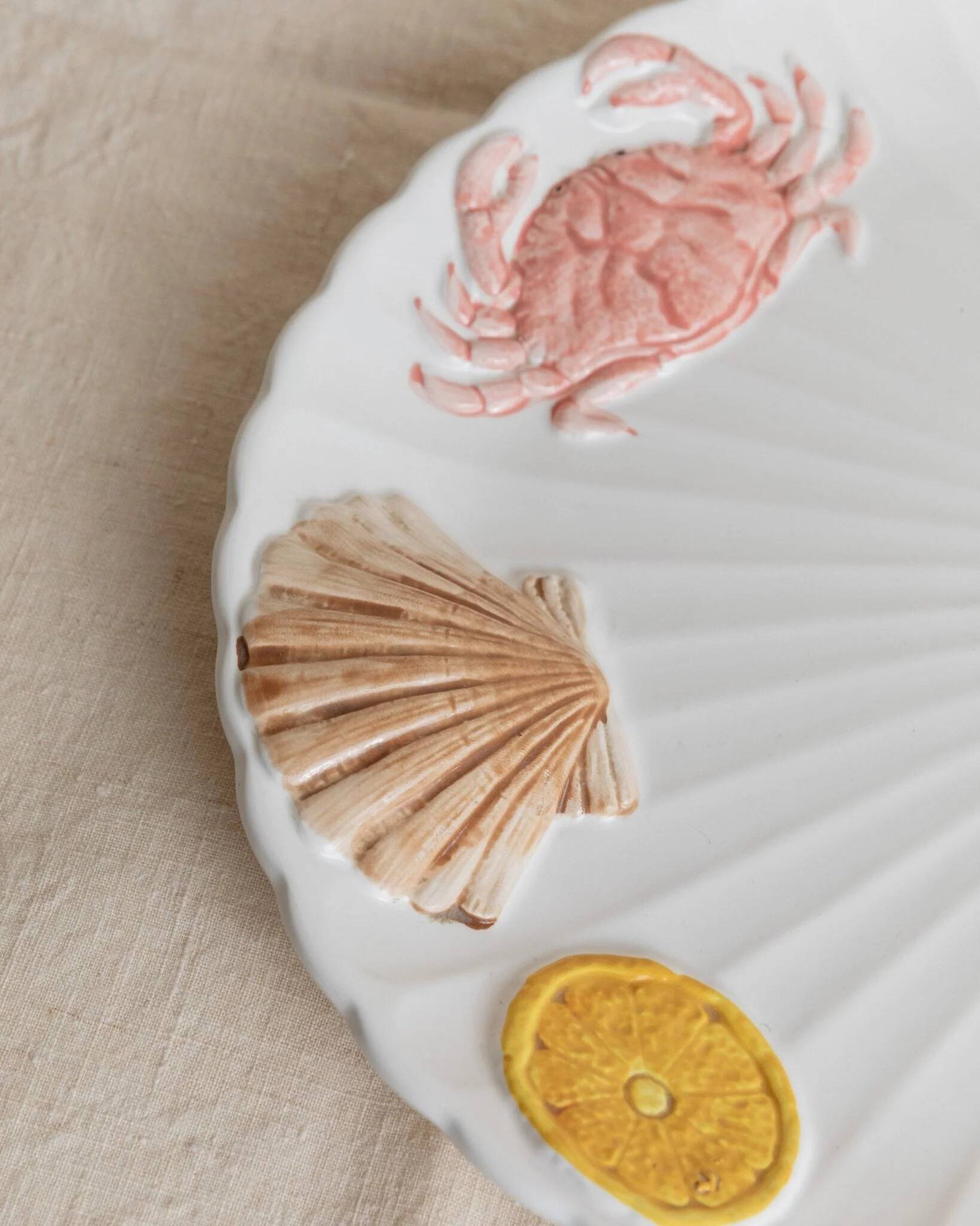 XL White Ceramic Oval Seafood Plate, 1980s Japan, Hand-Painted Relief, Vintage Decor