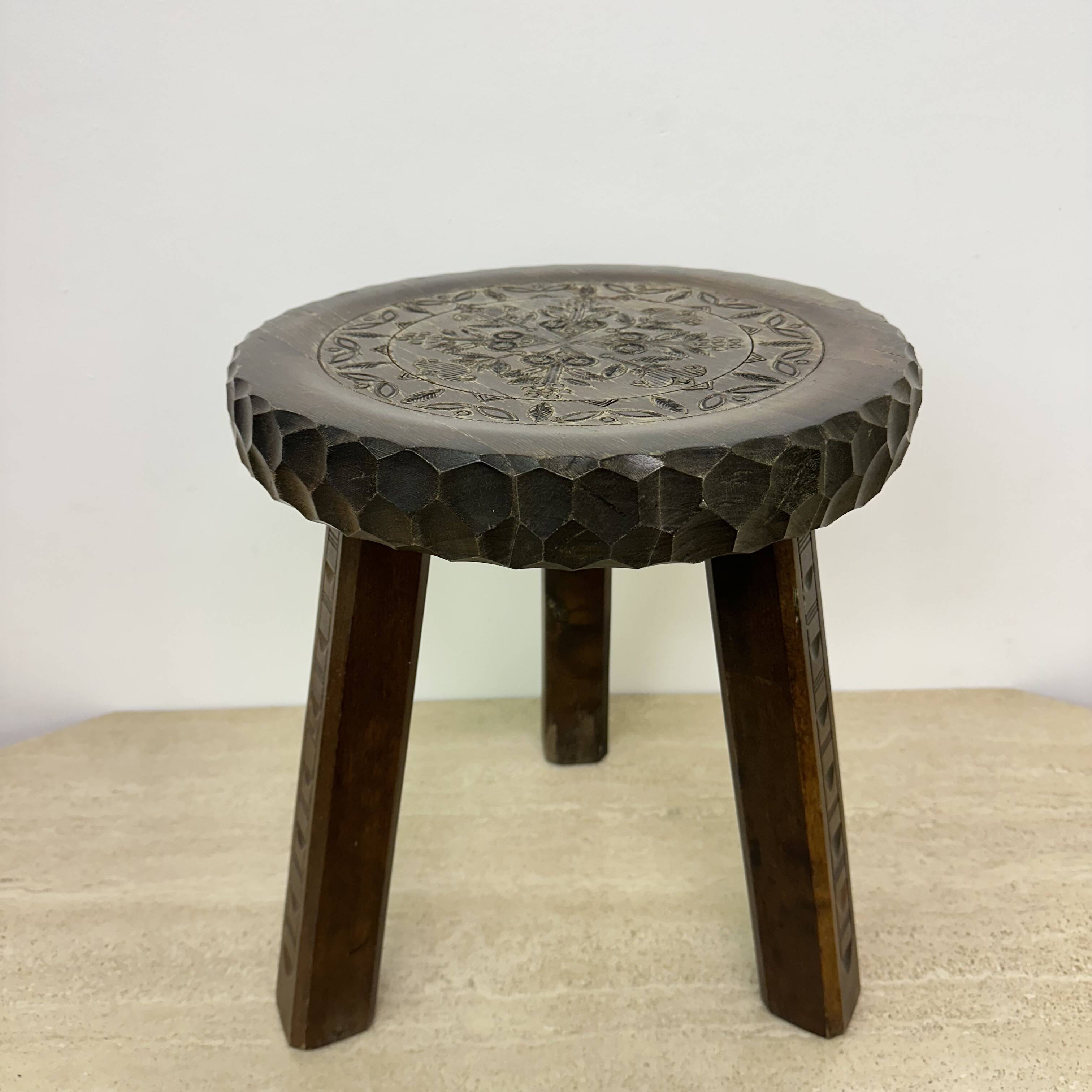 Hand carved solid oak brutalist stool , 1970s