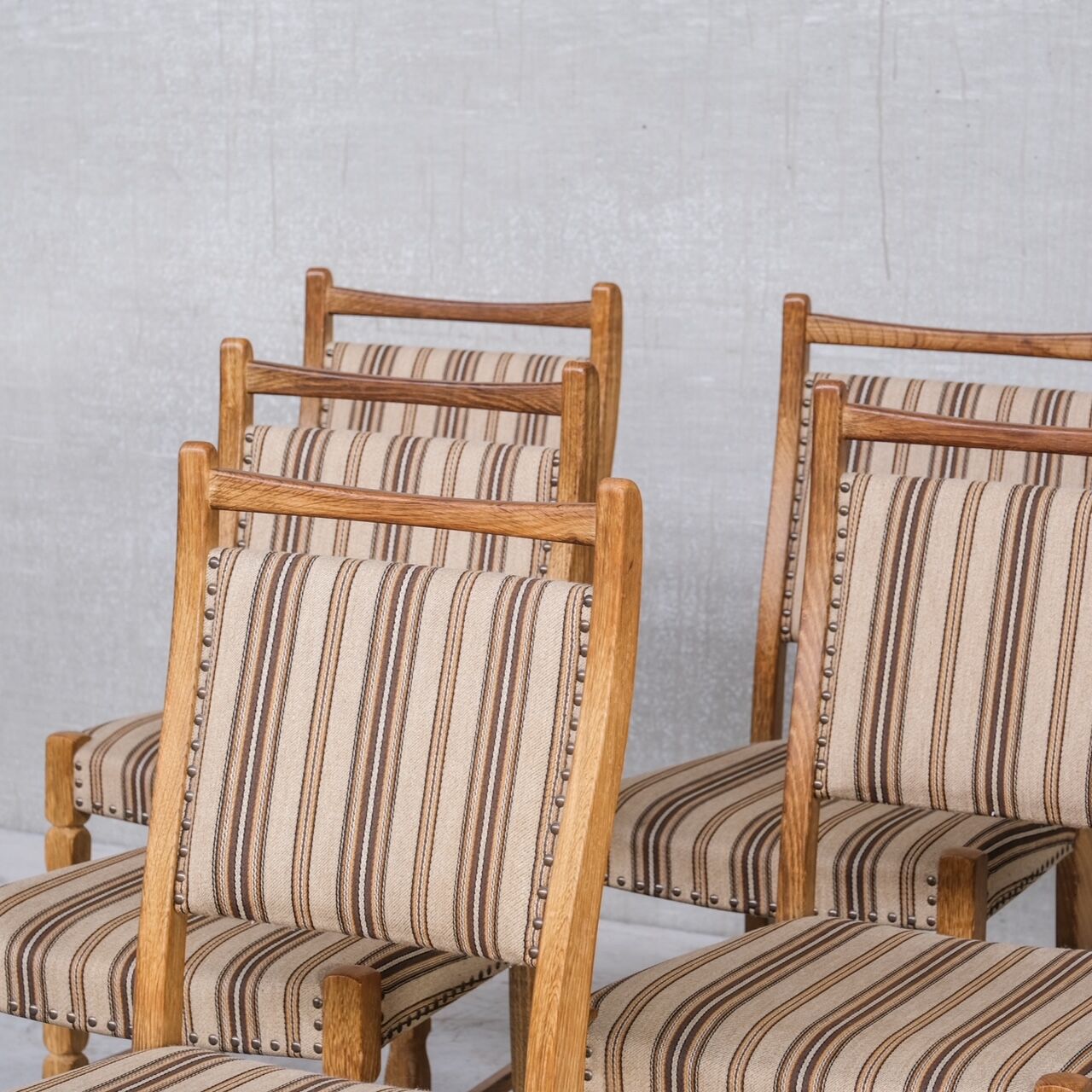 Set of six mid-century oak upholstered danish dining chairs