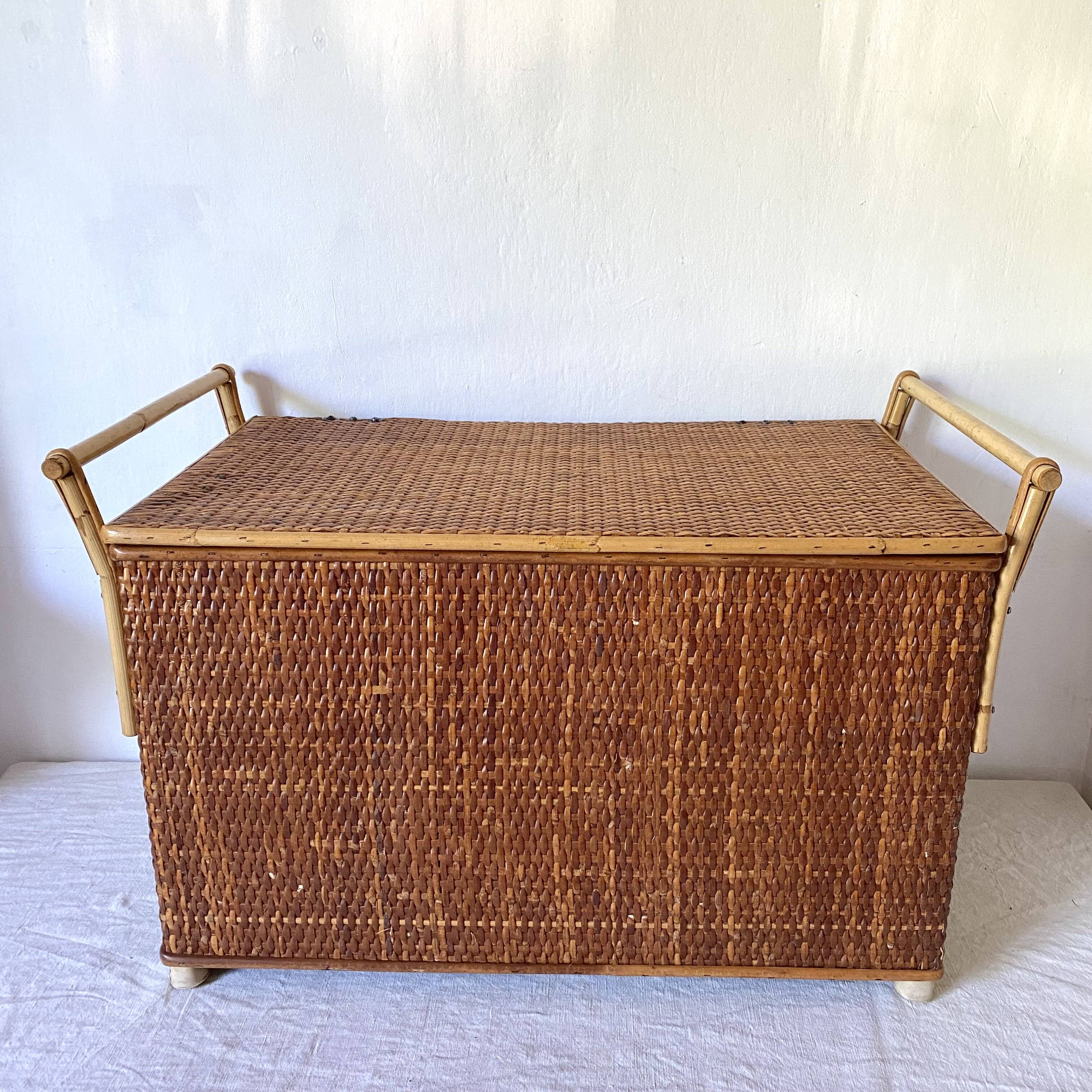 Vintage rattan cane bench chest