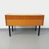 Vintage teak and black metal storage unit / chest on legs from the 70s
