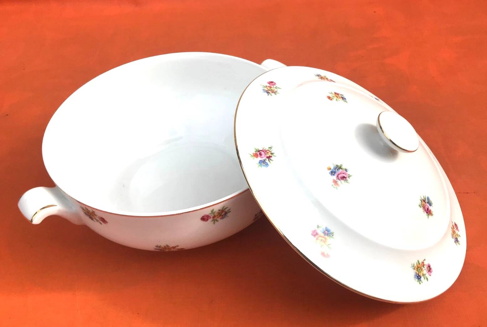 Antique PN France soup tureen White porcelain with gold edging and brass decoration