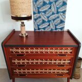Commode teck et rotin pieds compas