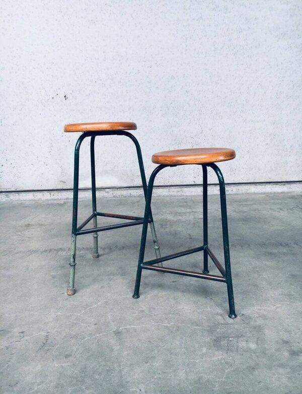 Set of Industrial Green Tripod Stool Set, Belgium, 1950s