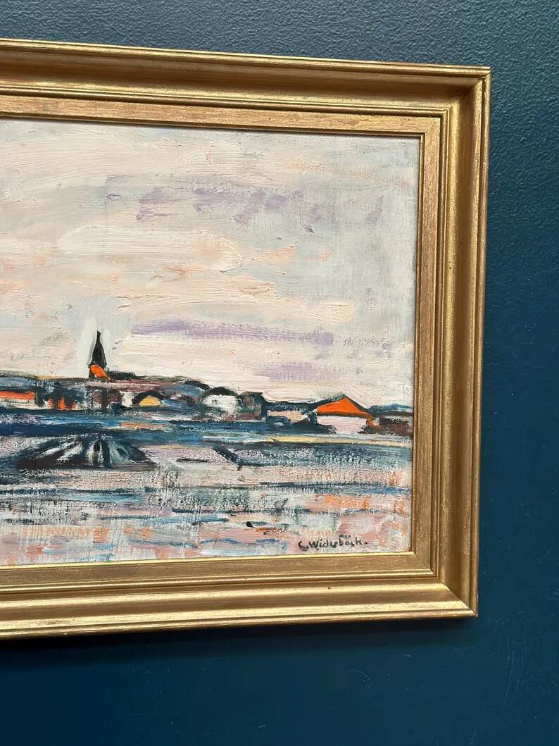 Original Swedish Oil on Panel – "Uppsala" by Gusten Widerbäck – Signed – Dated 1965 (on the back) – Framed – 38 × 43 cm