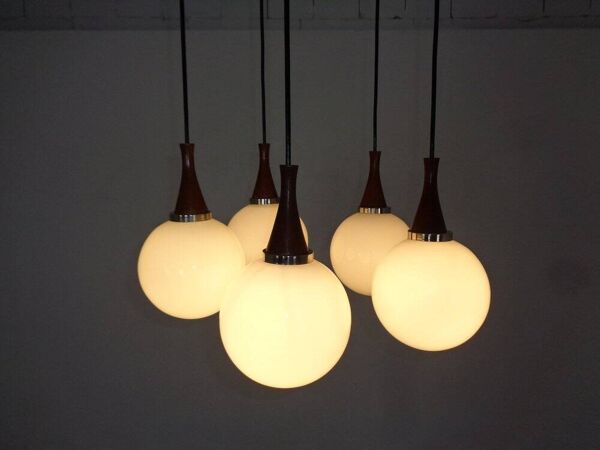 Danish Glass and Rosewood Cascade Ceiling Lamp, 1960s