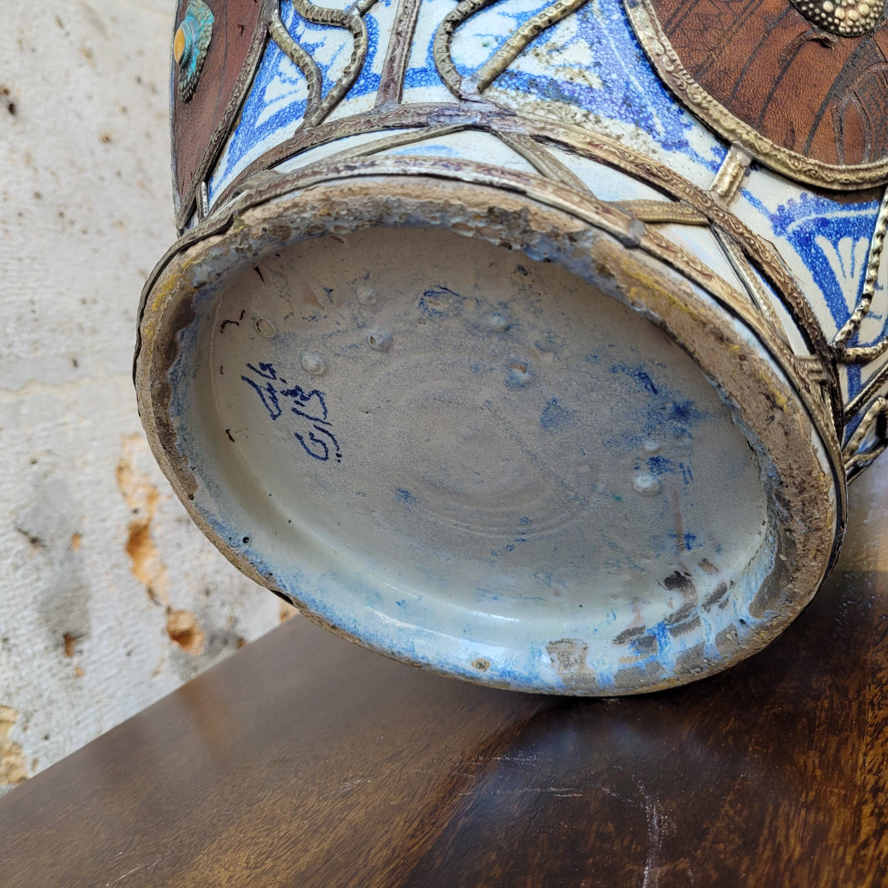 Filigree vase, ceramic, leather, enamel and metal, 19th century - Safi, Morocco