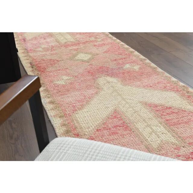 Vintage Turkish Oushak handmade wool cotton pink runner rug 83x310