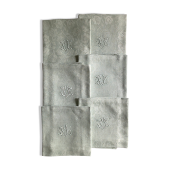 Set of six old damasked napkins dyed in celadon green